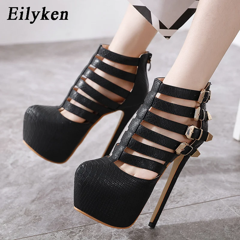 

Eilyken Snake grain Pumps Fashion Design Ankle Buckle Strap Zipper High Heels 17cm Round Toe Platform Ladies Shoes 2020 New