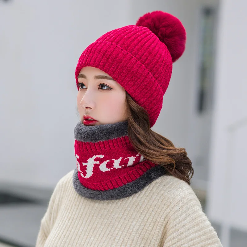 hat scarf red Осенне-зимние Новые вязаные комплекты с воротником-шапочкой съемный для женщин с шерстяным шариком Шерстяная кепка-смесь шапка шарф теплый костюм из двух предметов головной убор - Цвет: hat scarf red