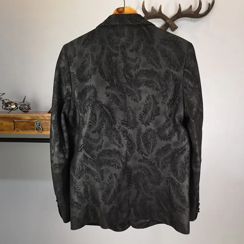 Designer New Genuine Leather Sheepskin Mens Printed Business Jackets Long Sleeve Single Breasted Slim Fit Thin Coats Plus Size