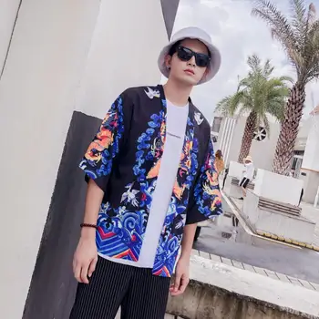

Yfashion Male Chinese Style Blouse Dragon Robe Design Sunscreen Mens Shirts Middle Sleeve Animal Pattern Men Tops Cardigan