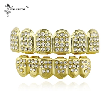 

Gold Color Iced Out CZ Teeth Griilz Top Bottom Tooth Caps Hip Hop Bling NEW With Silicone Mode Jewelry For Men Rapper Gifts 2020