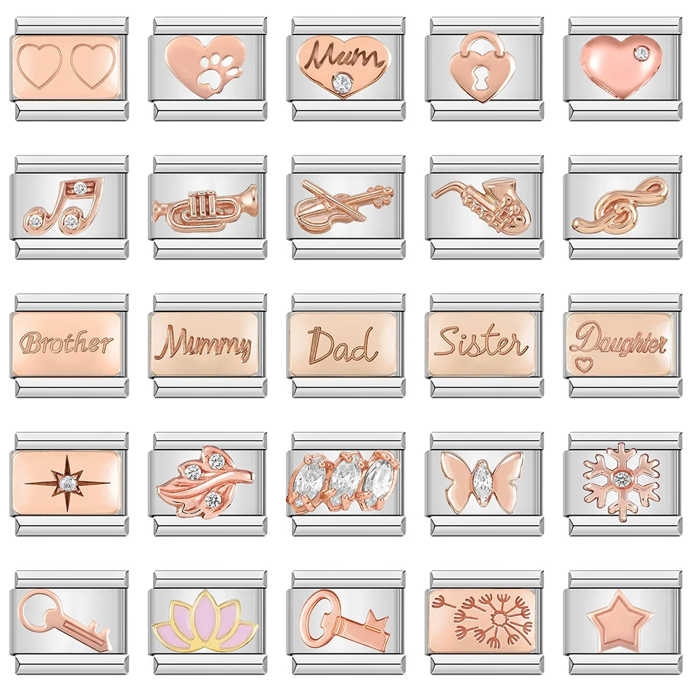 Hapiship-Instrumentos musicales originales de margaritas, corazón rosa, eslabones italianos, pulsera de 9mm, fabricación de joyas de acero inoxidable, DJ357