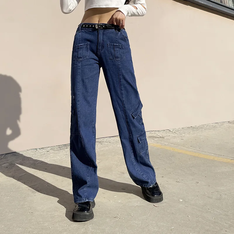 

Fashion Sexy High Waist Female Denim Trousers Multi-Pocket SlimFit Straight-Cut Casual Streetwear Personality Womens Jeans Pants