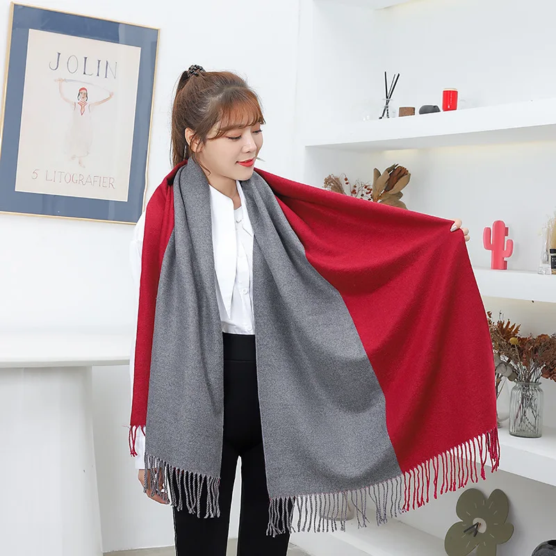 

Wool scarf women winter warmth thickened two-color double-sided scarf hit color fringed shawl autumn and winter cashmere scarf