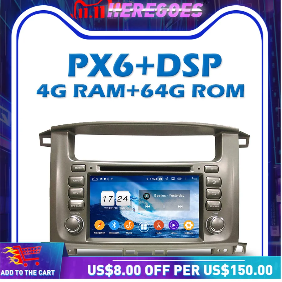 PX6 DSP Android 10.0 4GB+64GB Car DVD Player Navigation Wifi Bluetooth 5.0 GPS RDS Radio For Toyota Land Cruiser 100 1998-2007 | Автомобили