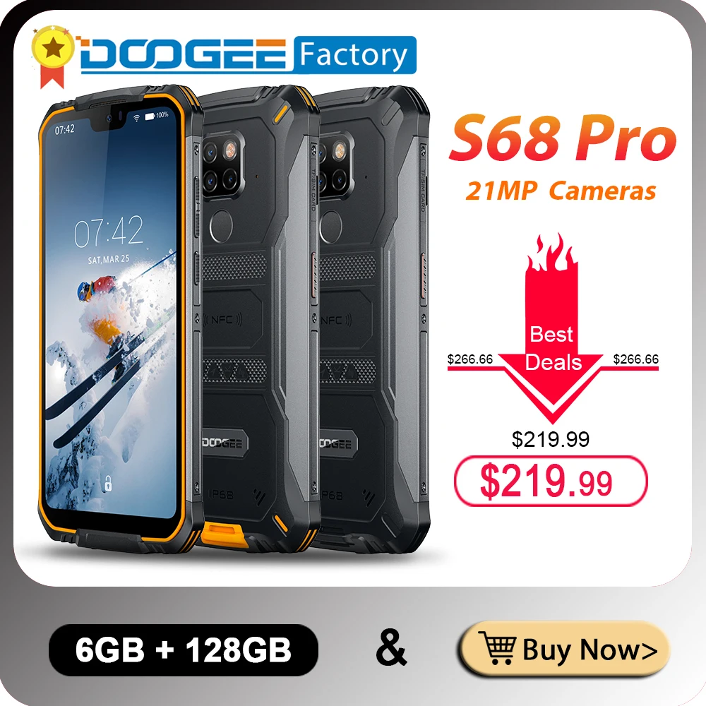 

IP68 Waterproof DOOGEE S68 Pro Rugged Phone 6GB 128GB Helio P70 21MP+8MP+8MP NFC 6300mAh 5.9 inch FHD 12V/2A Charge Smartphone