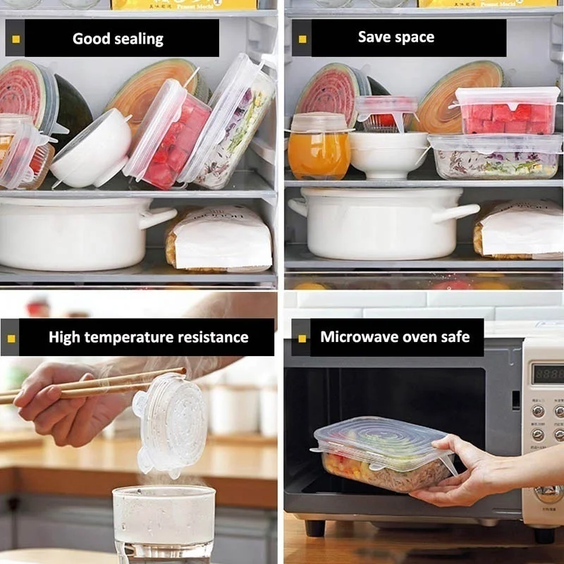 6 шт. набор силиконовых Растягивающихся крышек для остатков пищевых продуктов, крышки для чаши, герметичная пленка для холодильника, микроволновой печи