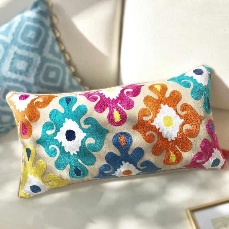 

Home Decor Cushion Cover Embroidery Colorful Floral Ethnic Tassels Boho Style Pillow Cover 30x60cm