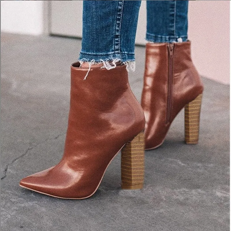 Boots Women Pointed Toe Genuine Leather Boots Women Zipper Thick Ankle Botas High Heel Work & Safety Boot Pour Women #55