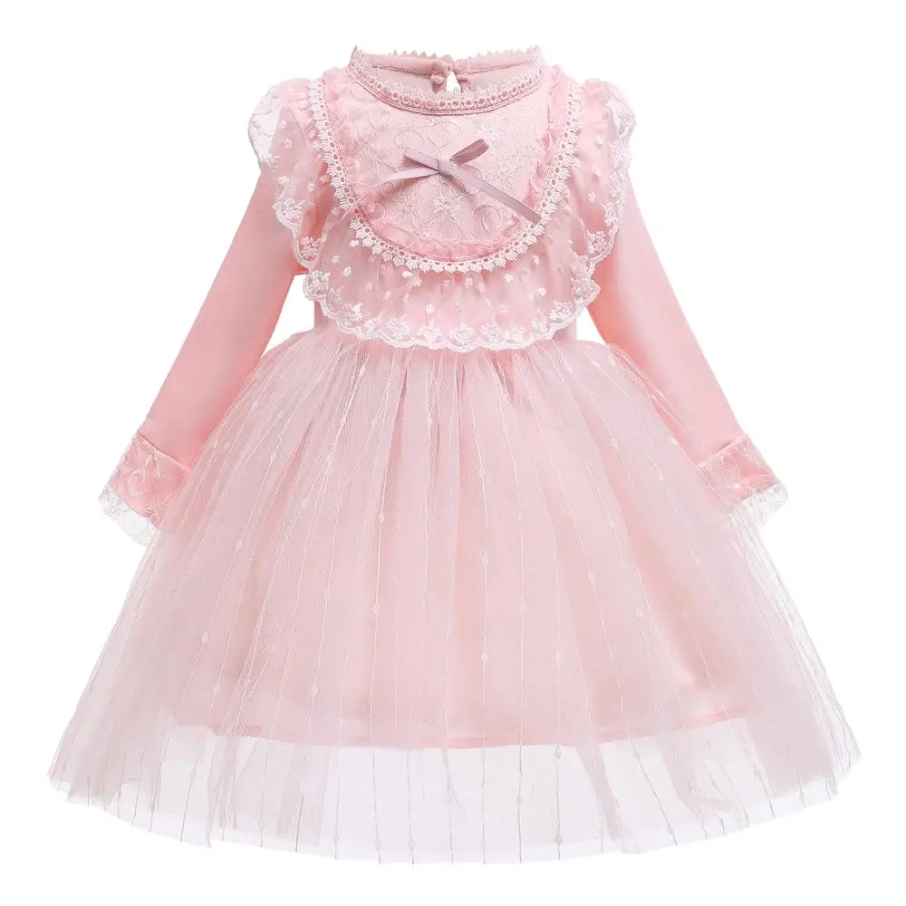 

TONGTONGMI Girls Dress Autumn Pink Western Princess Dress Lolita Long-Sleeved Lace Mesh Dress C1502