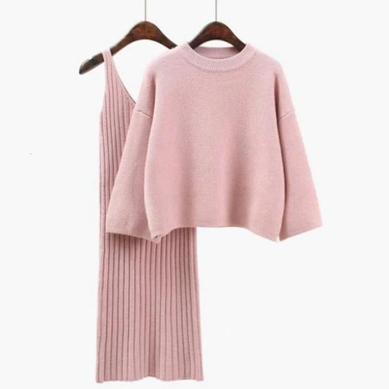

2019 Autumn Womans Sweater + Straped Dress Sets Solid Color Female Casual Two-Pieces Suits Loose Sweater Knit Mid Dress Winter