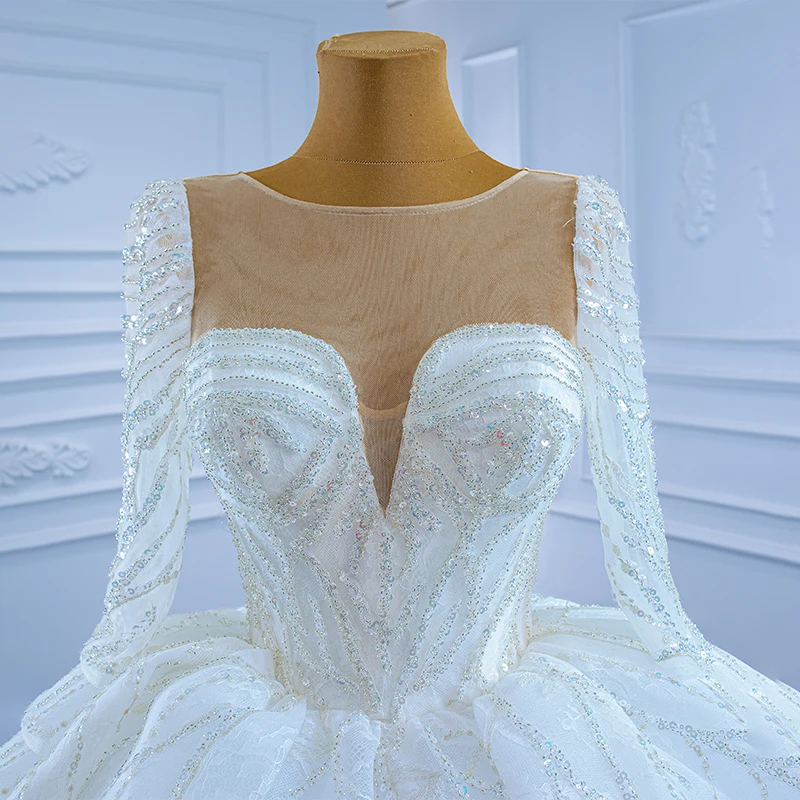 RSM67273 Sexy White Frill Deep V-neck Transparent Lace Wedding Dress Customizable Women Long Sleeve Gold Striped Wedding Gown 5