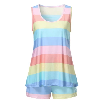

Women Casual Sleeveless Vest Shorts Party Beach Colorful Striped Round Neck Breathable Cotton Blend Loose Home Summer Pajama Set