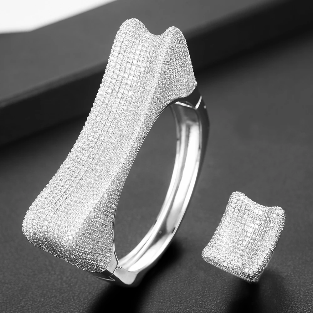 SISCATHY Exquisite Women Bangle Bracelet/Ring Luxury Wide Crystal Cubic Zirconia Wedding Female Jewelry Sets Accessories