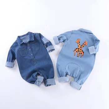 

2019 Spring Autumn Baby Girls Long Sleeve Lapel Collar Denim Jeans Giraffe Pockets Casual Kids Rompers Infant Boys Jumpsuits