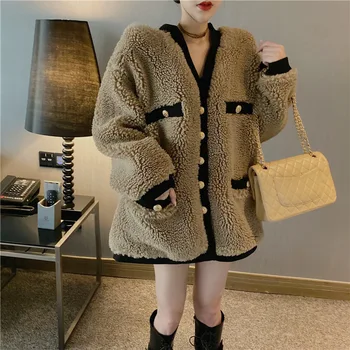 

2020 Autumn & Winter New Arrival Color Matching Imitation Lamb Fur Coat Long Sleeve Loose Long Section Cotton Coat Free Shipping