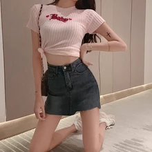 Гонконг Стиль Ретро потертые джинсовые юбки ребристые шорты с высокой талией