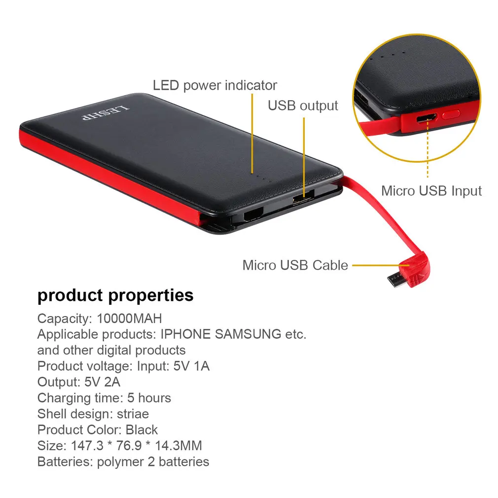 LESHP туфли на ультра-высоком 10000 мА/ч, Ёмкость 10 Вт легкий Портативный быстрой зарядки 4-Порты и разъёмы Мощность Bank зарядное устройство для Iphone для samsung