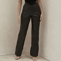Pantalon en Faux cuir pour femme, coupe droite, ample, taille haute, crayon, jambes larges, mode, poche, Vintage, loisirs 