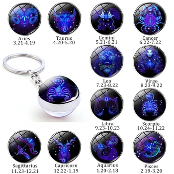 

New 12 Constellation Keychain Bull Sheep Lion Crab Scorpion Zodiac Glass Ball Key Chain Car Key Ring Men Birthday Gift