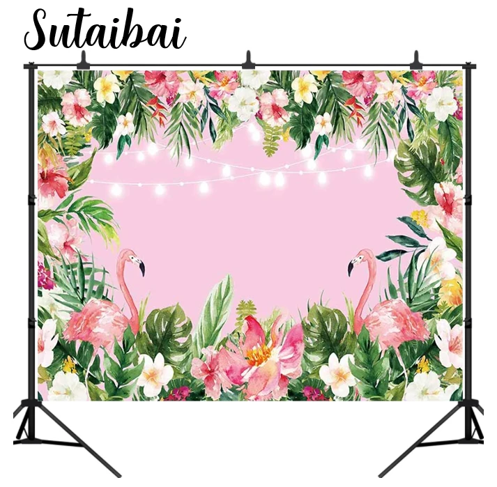 Pink Flamingo Birthday Backdrop Summer Tropical Hawaiian Floral Photography Background for Flamingle Boy Girl Party Plam Flower |