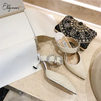 

OllyMurs New Spring Summer Blingbling Pearls Surface Women Pumps Sexy Pointed Toe Slip On Thin High Heel Pumps Mules Shoes Woman