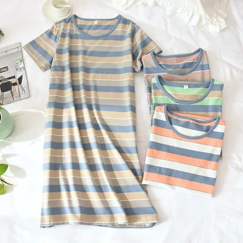 

Women's Korean-style Knitted Color Stripe Nightgowns Summer Cotton Short-sleeved Nightdress Thin Section Breathable Home Dresses