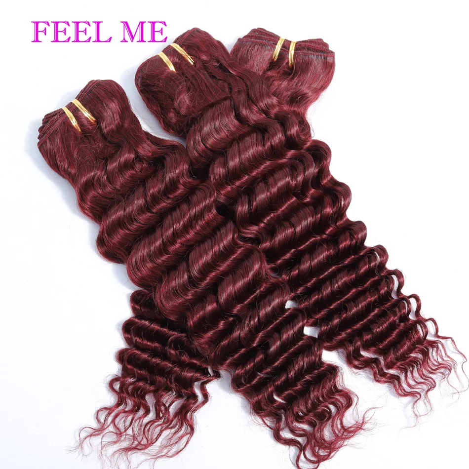 

Brazilian Deep Wave Hair 3/4 Bundles Red Burgundy 99J Deep Wave Human Hair For Black Women 10-24INCH Remy Hair Deals FEELME HAIR