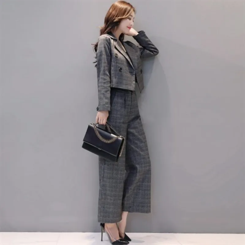 

Office Ladies Vintage Elegant Womens Plaid Two Pieces Suits Double Breasted Short Blazer High Waist Ankle Length Wide Leg Pants