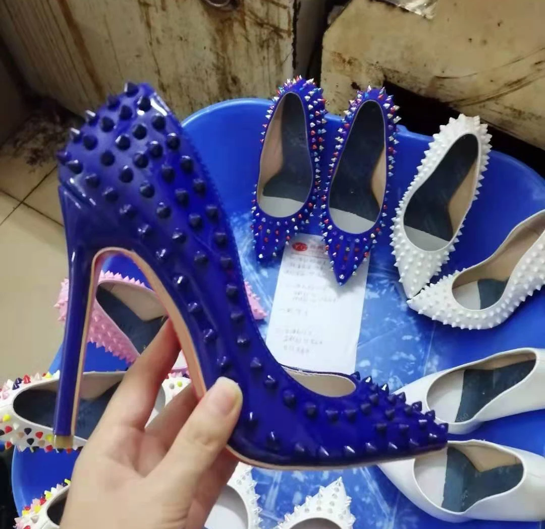Zapatos de fiesta de charol con remaches azul oscuro para mujer, tacones altos y punta estrecha, a la de tacón de mujer| AliExpress