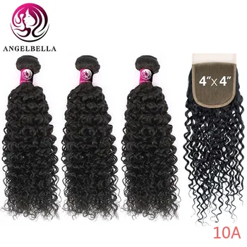 

Angelbella 3/4 Bundles Human Hair Jerry Curly Weave With 4x4" Swiss Lace Closure 16 18 20 inch Extra Professional Remy Hair