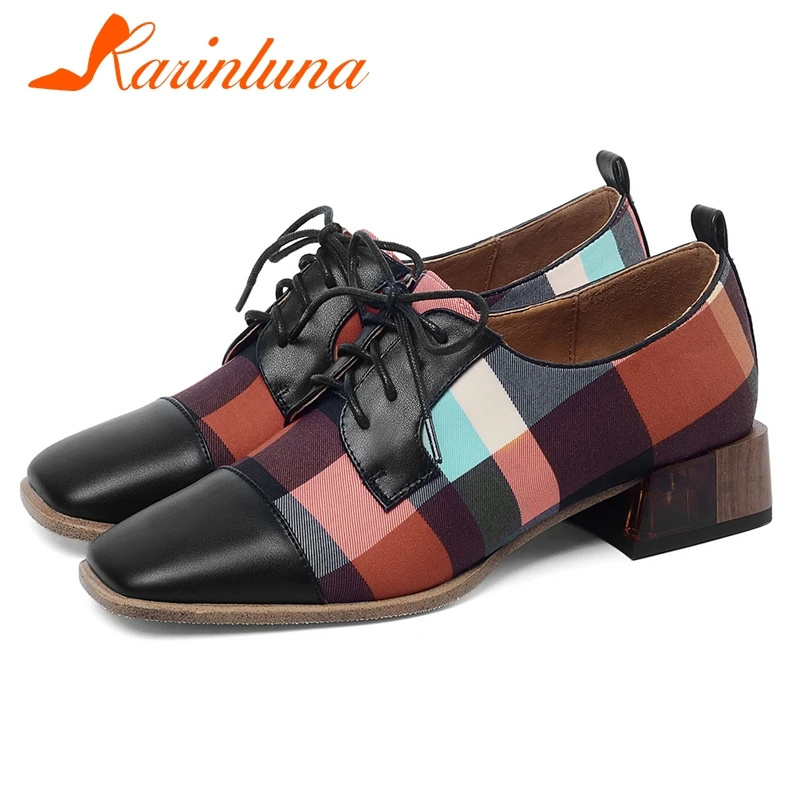 

KARINLUNA Large Size 33-42 Brand Lady 2020 Casual Office Pumps Spring Lace Up Patchwork Pumps Women genuine Leather Shoes Woman
