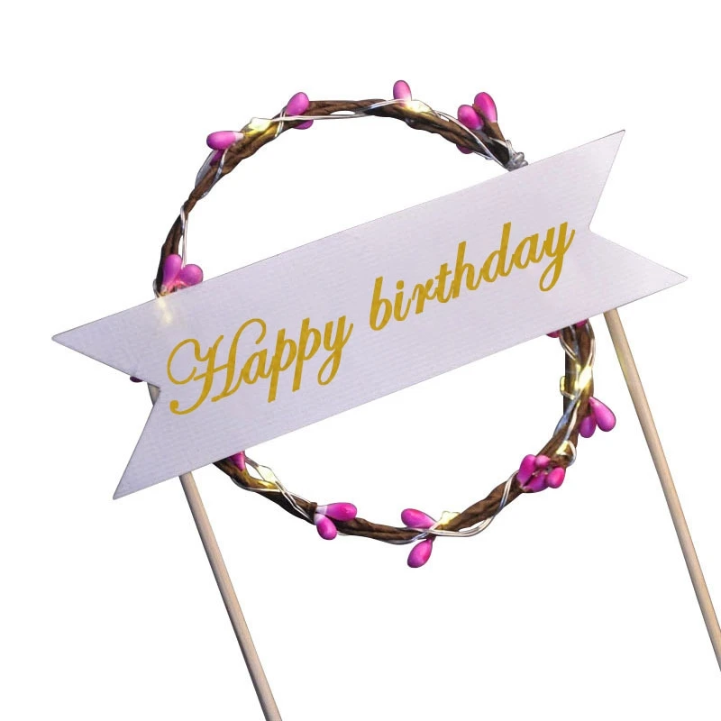 

Cake Wreath Flag Light With Light Creative Romantic Happy Birthday Rattan Flagpole Party Cake Decorations