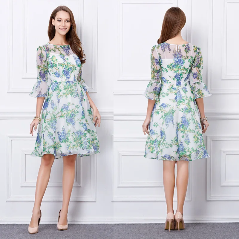 

Dk332 New Style Half-sleeve Shirt Bell Sleeve Printed Organza Elegant Fashion Dress Hot Sales Product