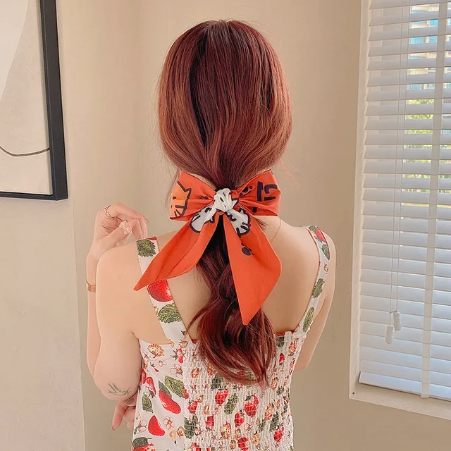 Women Silk Scarf Headband Female Tied Hair Summer Ribbon Retro French Bow Korean Horsetail Bundle Japanese Girl Hair Headdress Headband 12