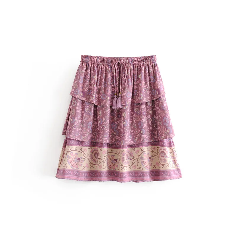 skirt TEELYNN мини юбка для женщин цветочный принт каскадные оборки пляжная юбка Цыганская Регулируемая талия сексуальные короткие юбки Falda - Цвет: skirt