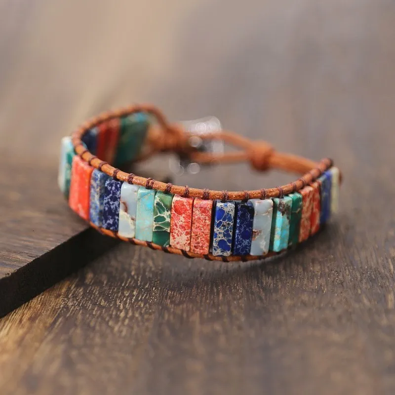 Многоцветный Браслет Boho натуральный обхватываемый браслет с камнями браслет чакра один кожаный ювелирный браслет