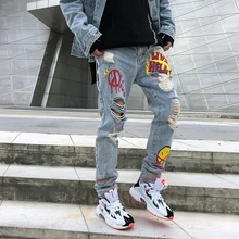 Pantalones Vaqueros pitillo con Graffiti de llama Retro para hombre, Jeans rectos informales de gran tamaño, Hip Hop, Jeans de calle de invierno