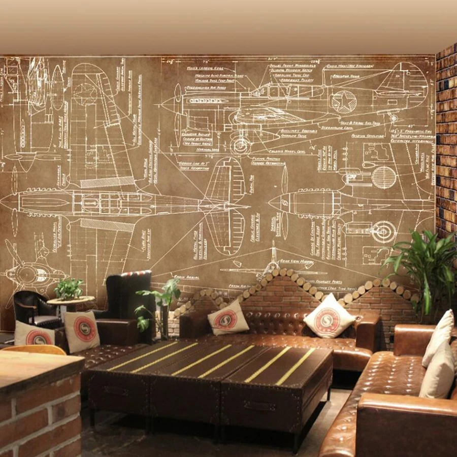 

Drop Shipping Custom Large 3D Wallpaper Mural Aircraft Design Figure Retro Tooling Background Wall Decoration Wallpaper Mural