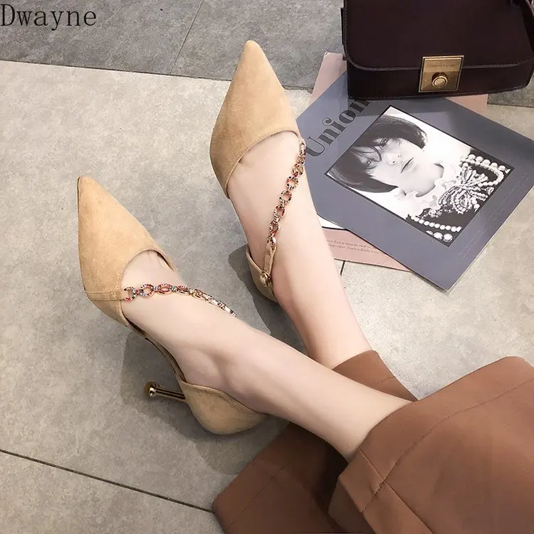 

2019 spring new fashion pointed rhinestone metal chain buckle single shoes female thin with shallow mouth wild high heels