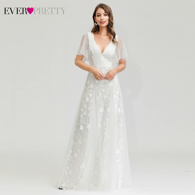 Белые кружевные свадебные платья Ever Pretty A-Line с v-образным вырезом и оборками, с рукавами, с цветочной аппликацией, свадебные платья для невесты, Vestido De Noiva