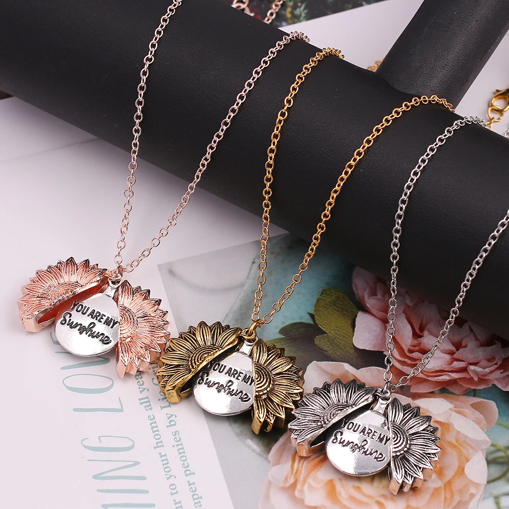 Open Locket Sunflower Pendant Necklaces 