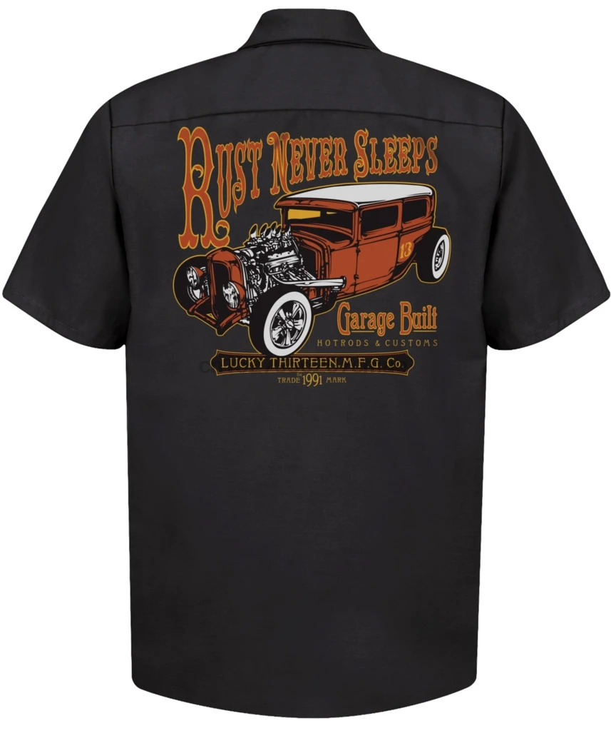 Lucky 13 Work Mechanic Shirt Button Rust Never Sleeps Hot Rat Rod