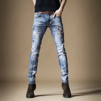 

Free Shipping New 2020 men's male denim trousers jeans Spring pants Korean trend slim embroidered blue