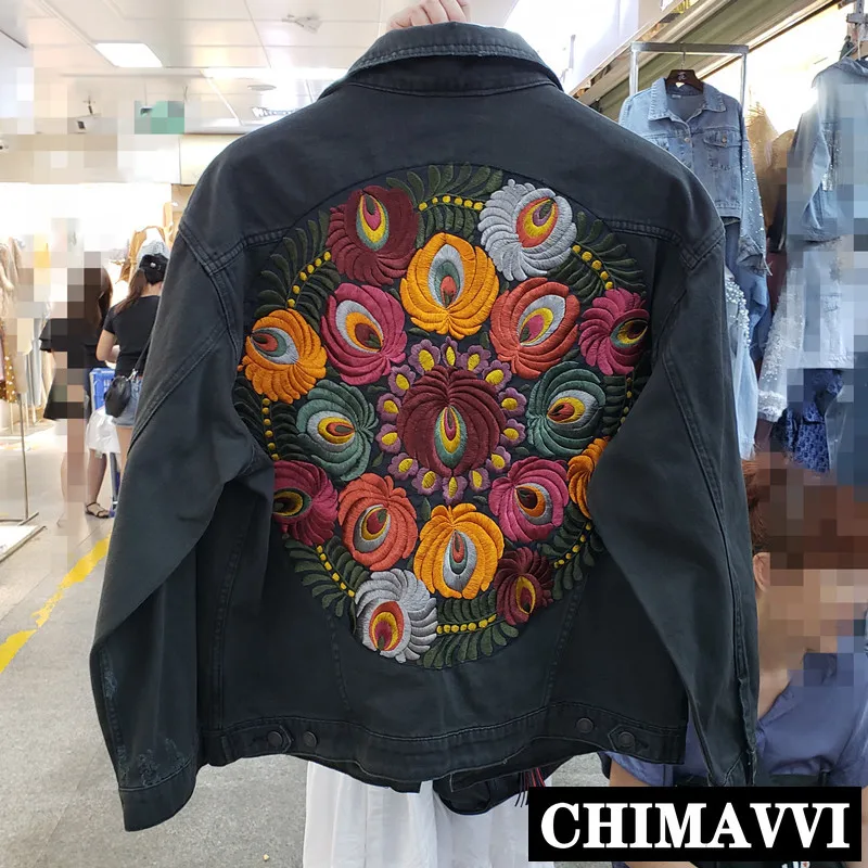 

Black Jean Jacket Women Autumn New Oversize Denim Coat Girls Students Retro Embroidered Boyfriend Wind Loose Cowboy Jacket