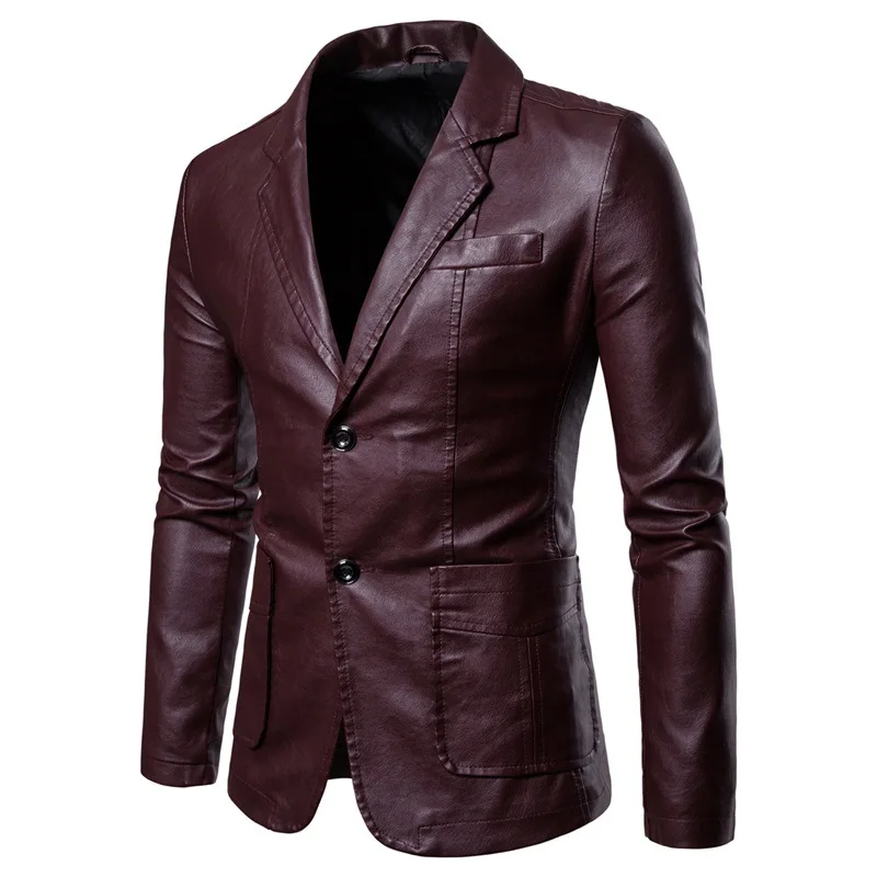 

Autumn And Winter New Style Men Slim Fit Single-Breasted Versatile Pu Small Suit Men's Fold-down Collar Leather Coat Suit Men'S