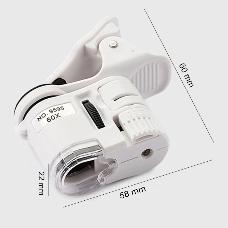 Universal Clip Microscope 60X LED Jewelry Magnifying Glass Focusing Adjusted Pocket Microscope with Cell Phone Clip UV Light