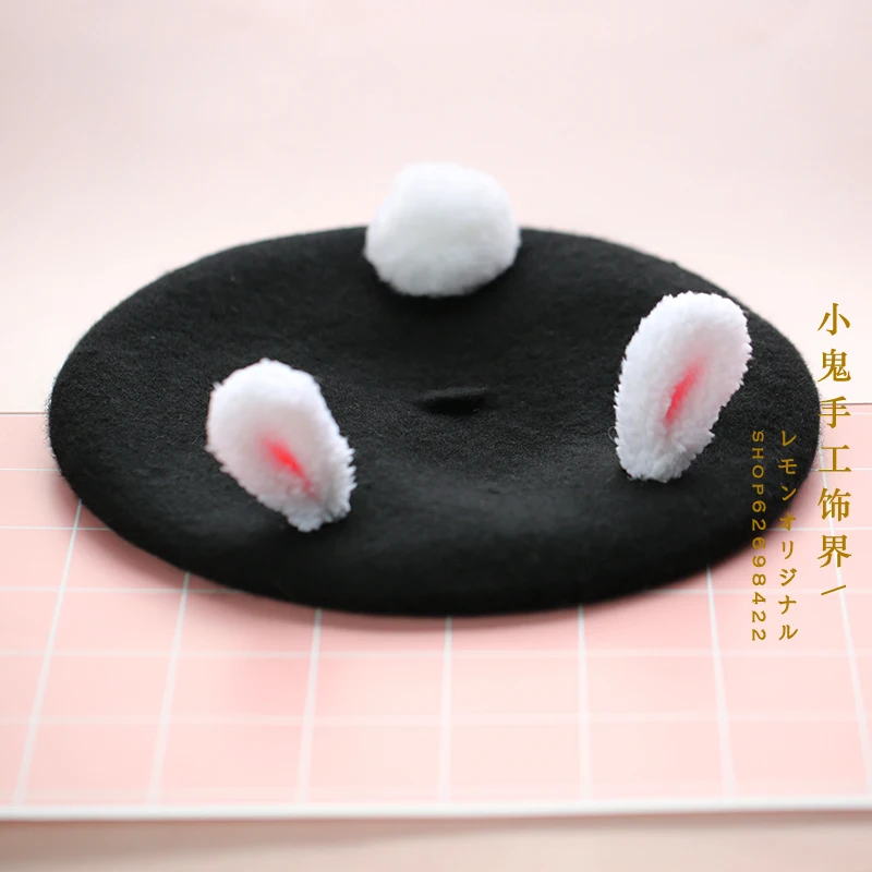 Black rabbit ears Японский Сен Department complex Gubei Lei hat Женская осенняя и зимняя чистая шерсть милые рога Рождественская шляпа художника шляпа бутон - Цвет: Black rabbit ears