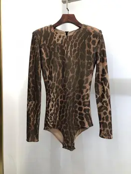 

elegant high quality sexy women 2020 o-neck long sleeve leopard print bodysuit Runway Sexy bodycon bodysuits wholesale