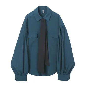 

EWQ / Women And Men's Clothing Lantern Sleeve Loose Bow Bandage Tie Lapel Pocket Shirt 2020 Spring Fashion New Big Size 19H-a304